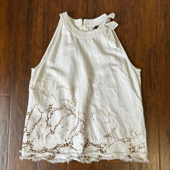 MARC CAIN Top White Animal Print Sleeveless Fringed Cotton Blend - Picture 4 of 12